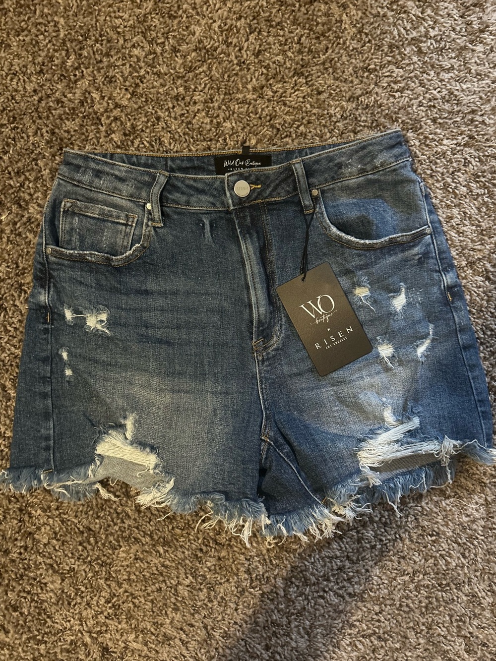 W.O. Risen Frayed Hem Distressed Jean Shorts - Dark Blue